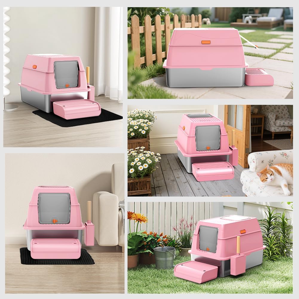 XL Stainless Steel Litter Box with Lid, Extra Large Metal Covered Litter Box, Stainless Box Easy Clean, Activated Charcoal Odor Control Design, Includes Litter Scoop & Mat & Step, Pink