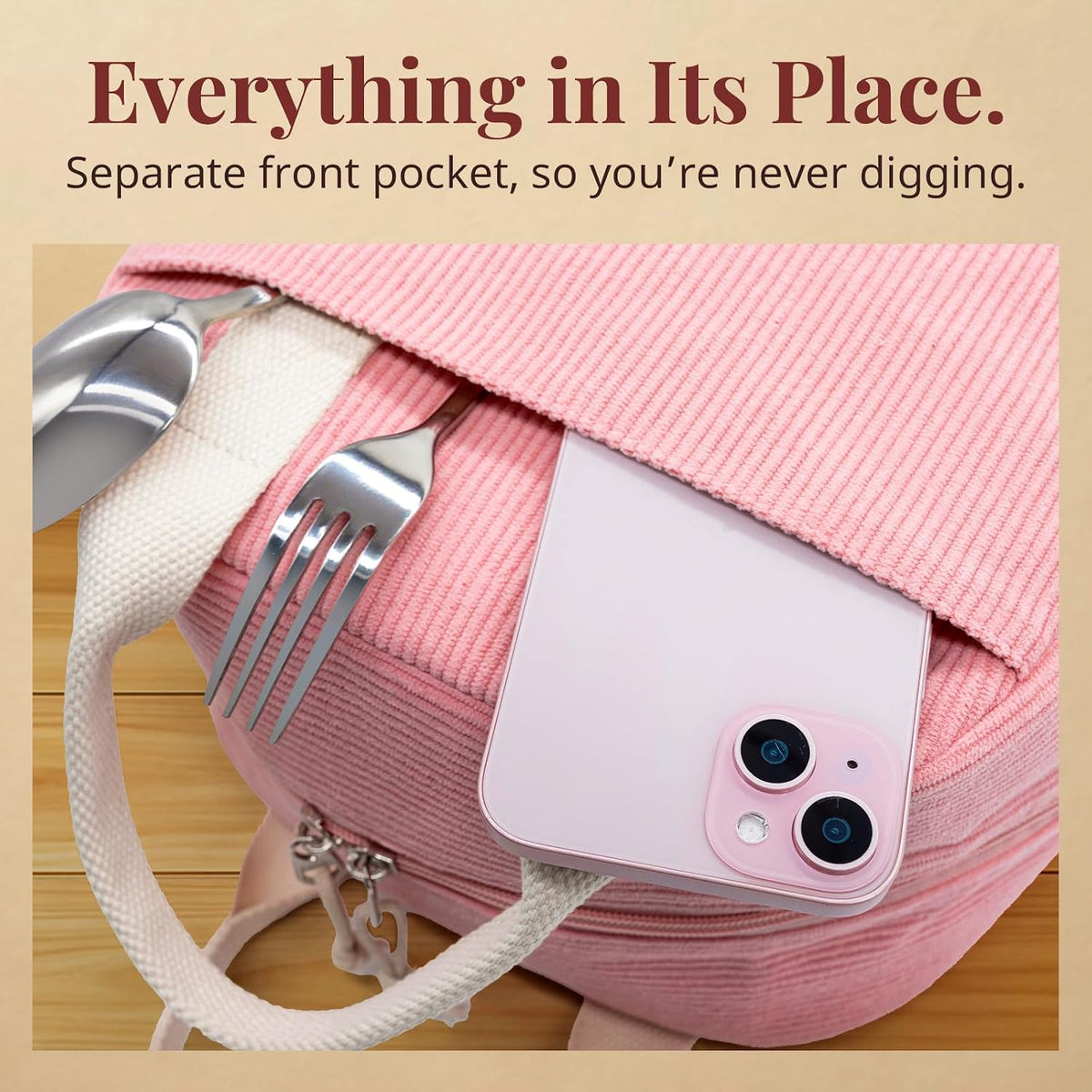 Lunch Box for Women, Pink Corduroy Insulated Lunch Bag