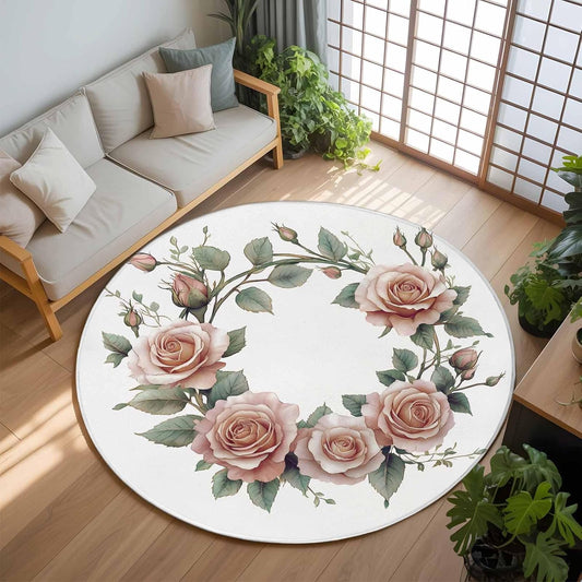 Retro Flower Large Round Rug 8 FT, Non Slip Living Room Area Carpet, Pastoral Pastel Pink Rose Floral Leaf Washable Soft Circle Rug Non-Shedding Floor Carpet for Bedroom Office Dining Room