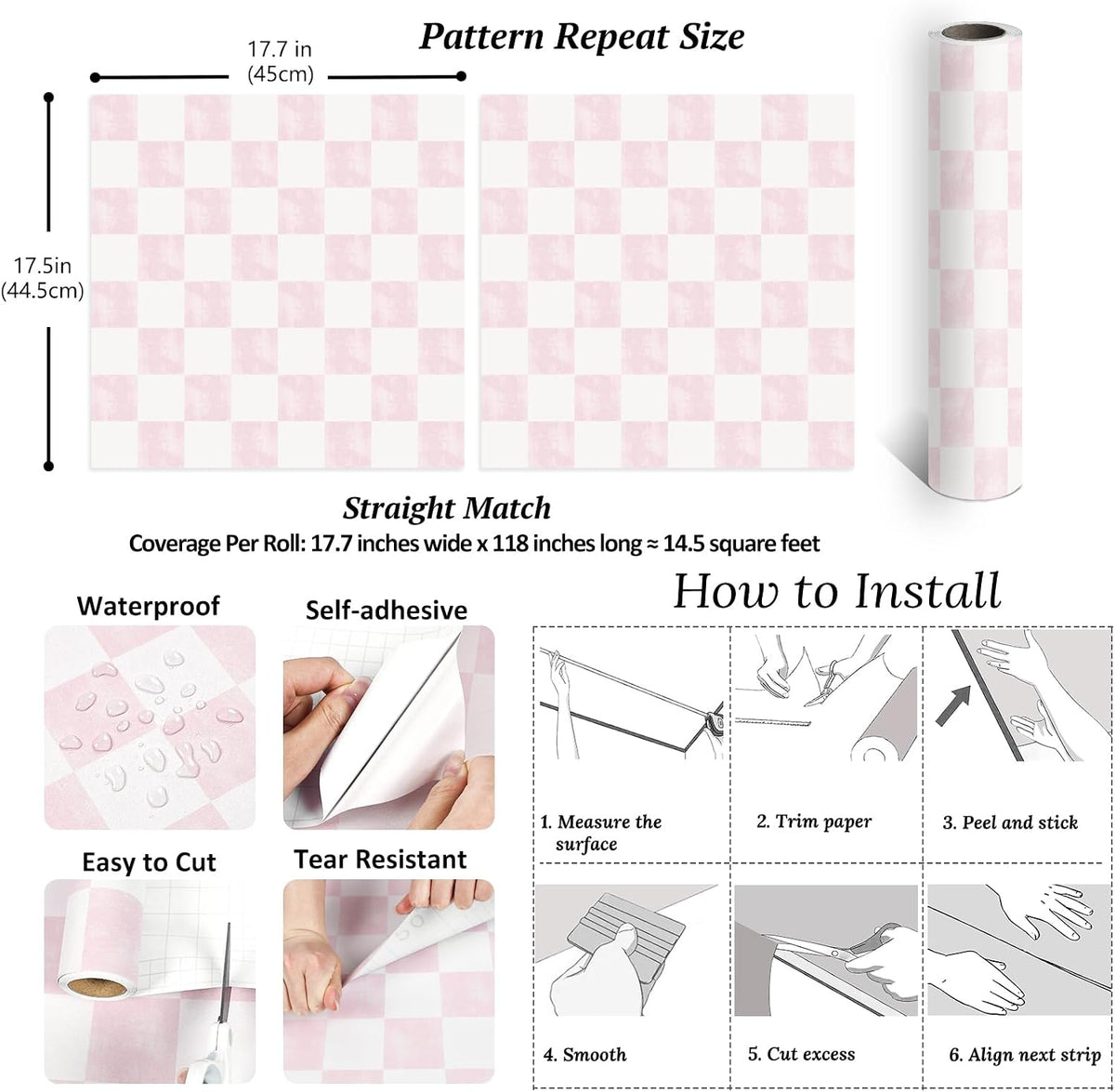 Soft Pink Checkered Peel and Stick Wallpaper 17.7''x118'' Pastel Blush Checkerboard Contact Paper for Cabinets Walls Removable Self Adhesive Girly Wallpaper for Bedroom Nursery Bathroom Vanity