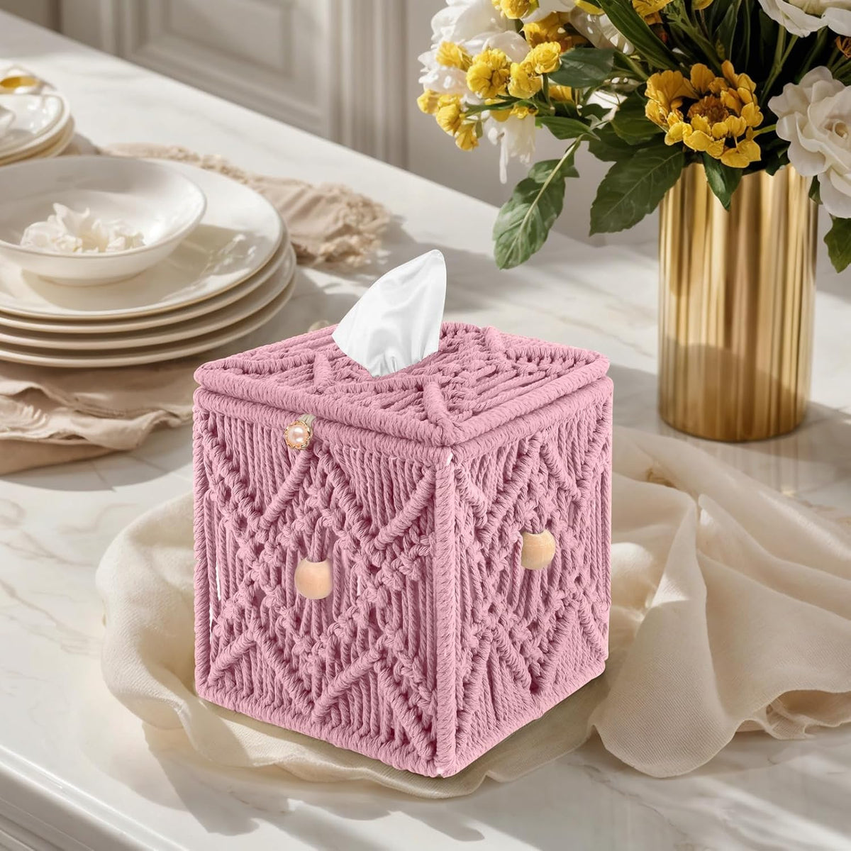Handmade Tissue Box Cover Decorative Macrame Boho Square Tissue Holder Cotton Rope Woven Napkin Facial Paper Organizer Bohemian Desk Storage Container with Buckle Wood Beads (Pink)