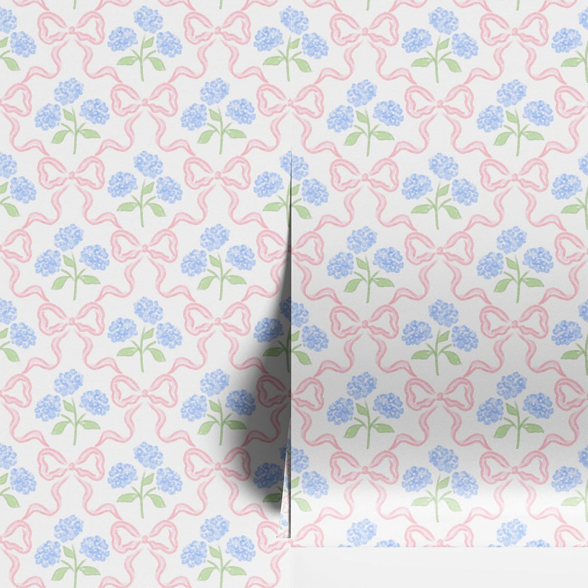 Peel & Stick Wallpaper 17.7''x118.1'' - Simple Grid Bow- Floral Delicate Pastel Flowers Feminine Hydrangea Blue Pink White Home Decor Removable Wallpaper