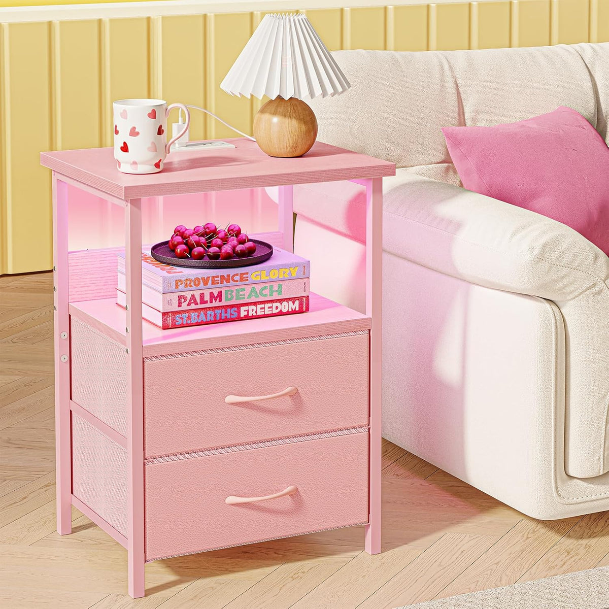 Night Stand with Charging Station, Led Nightstand, Pink, 2 Drawers