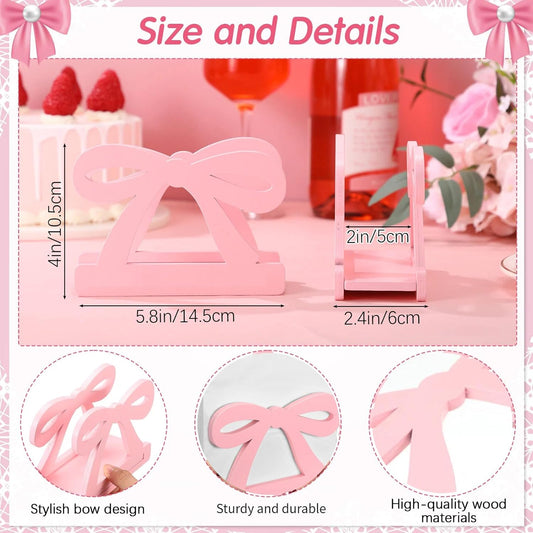 Honeydak Pink Bow Nakpin Holder for Table Coquette Bow Wooden Tissue Dispenser Cocktail Napkin Holder Paper Dispenser for Bachelorette Bridal Wedding Baby Shower Tea Girly Theme Party Birthday Decor