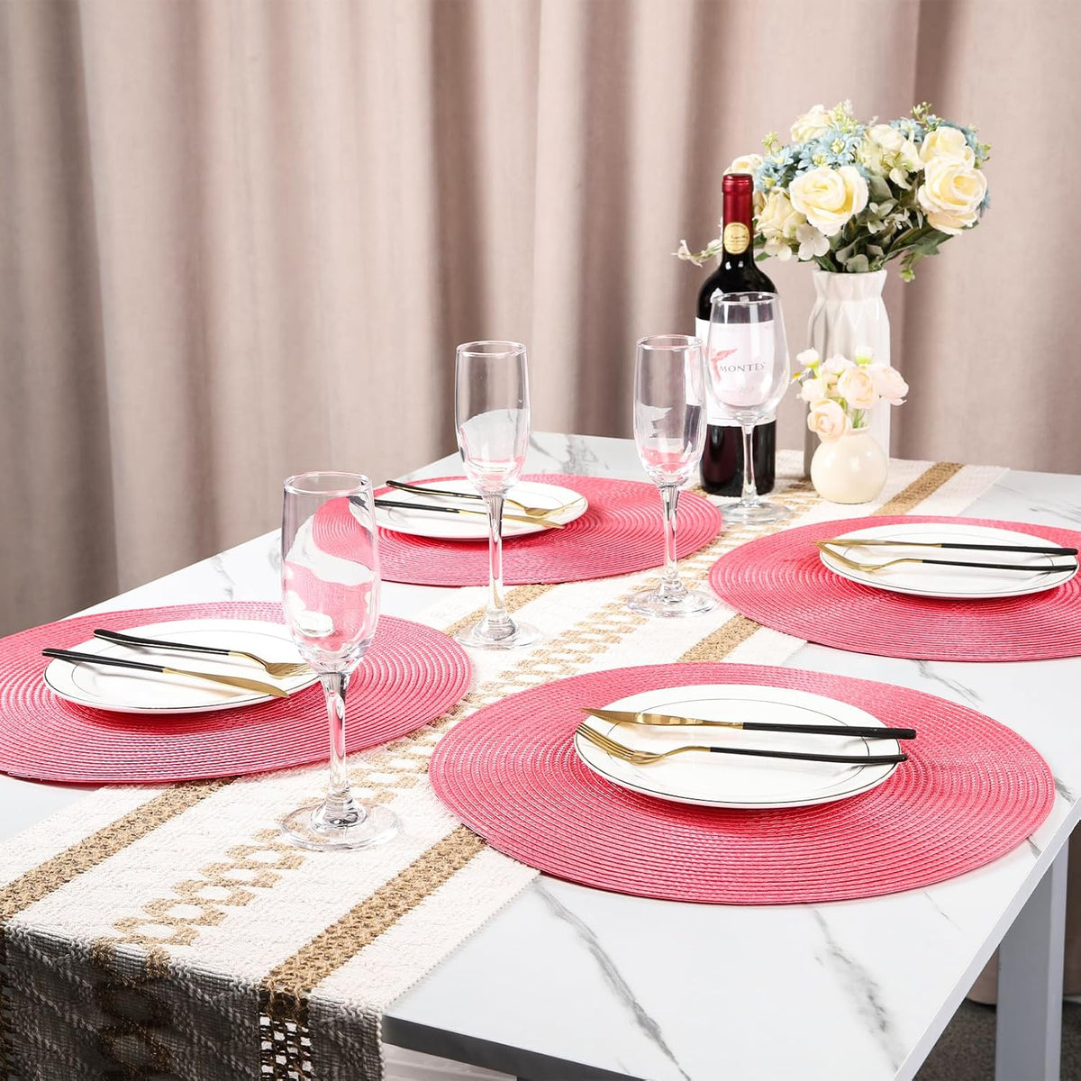 14.96 Inch Round Woven Placemats Set of 6, Natural Heat Resistant Washable Non-Slip Table Mats in Pink