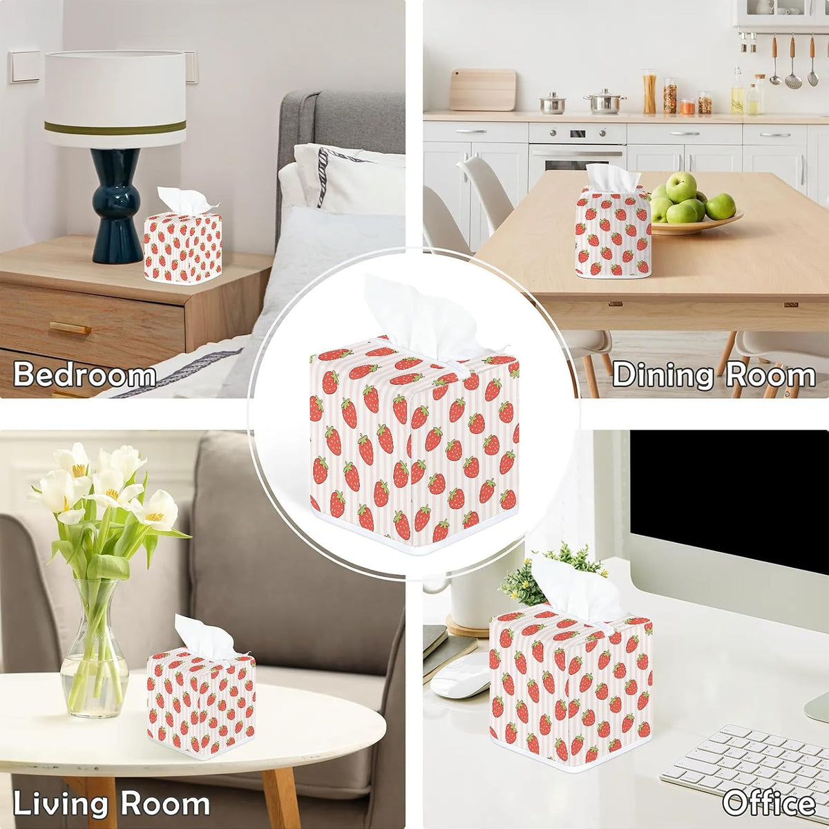 Pink Striped Strawberry Pattern Tissue Box Cover-Machine Washable Decorative Square Box Cover,Suitable for Bedside Tables,Dining Tables,bar counters,Bathroom,Office,Car-Home Decor.