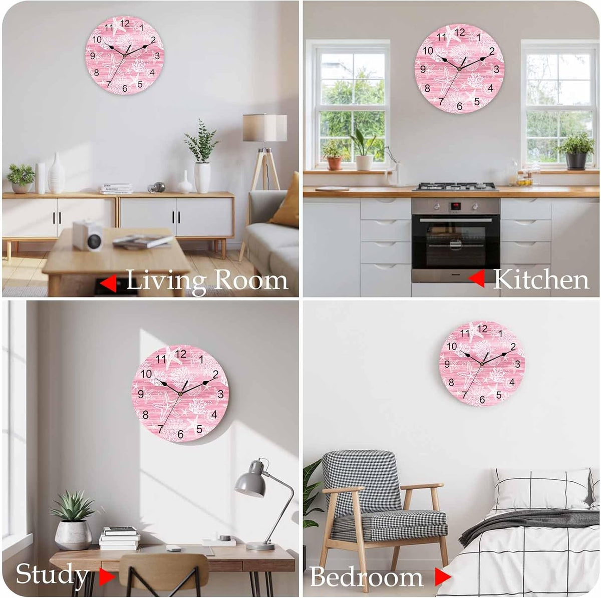 Pink Coastal Wall Clocks Silent Battery Operated PVC Round Clock for Wall Home Decor Summer Beach Starfish Ocean Coral Hanging Clocks for Kitchen Living Room Bedroom 10" x 10"