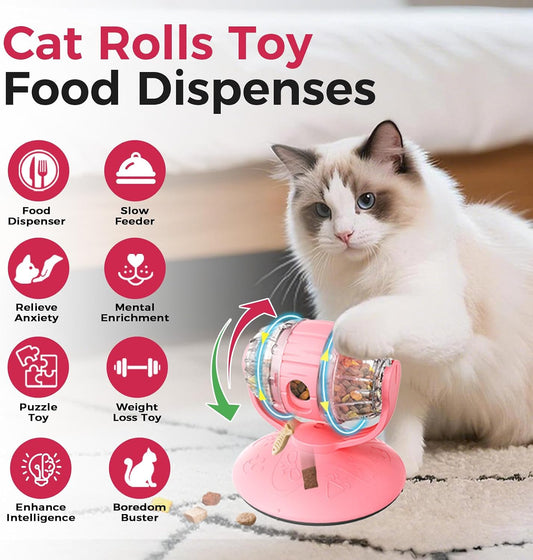 Cats Slow Feeder 4.6" High Cat & Dog Dry Food Dispenser Toy with Wine Barrel Spinner, Treat Dispenser for Boredom & Anxiety Relief, IQ Training for Small/Medium Pets (Pink)