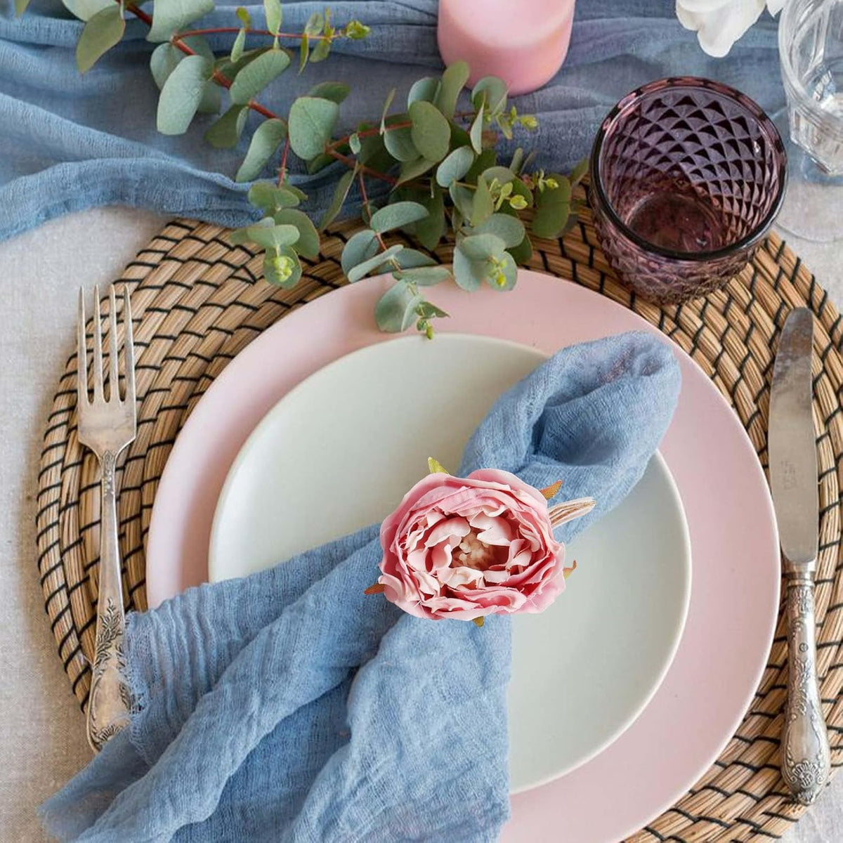 Flower Napkin Rings Set of 8, Handmade Pink Rose Napkin Rings with Jute Bow Tie Rustic Dinner Napkin Holder for Valentine's Day, Wedding, Dinners, Parties Table Decoration