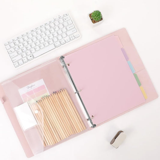 Pink 3 Ring Binder with Clipboard,1 Inch Linen Binder for 3 Hole Punch Letter Size Loose Leaf Paper with 5 Dividers, Pocket and Labels School and Office Supplies