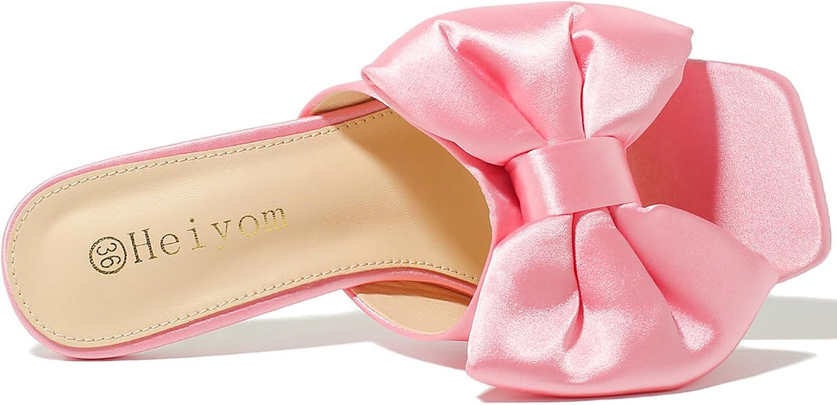 Women's Bow Clear Heels Slippers Dress Sandals Square Toe Stiletto Mules Slip on Wedding Prom Shoes