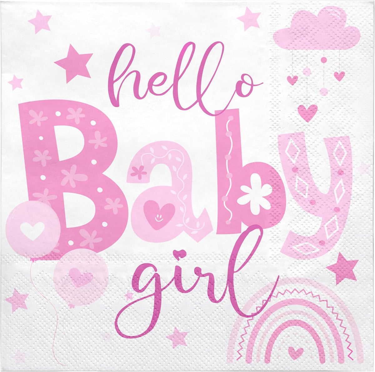 50 Pcs Baby Shower Girl Napkin Paper, 3 Ply Disposable Pink Hello Baby Girl, Rainbow and Stars Deisgn Cocktail Dinner Paper Napkins for First Birthday, Gender Reveal Party, 5 x 5 Inch