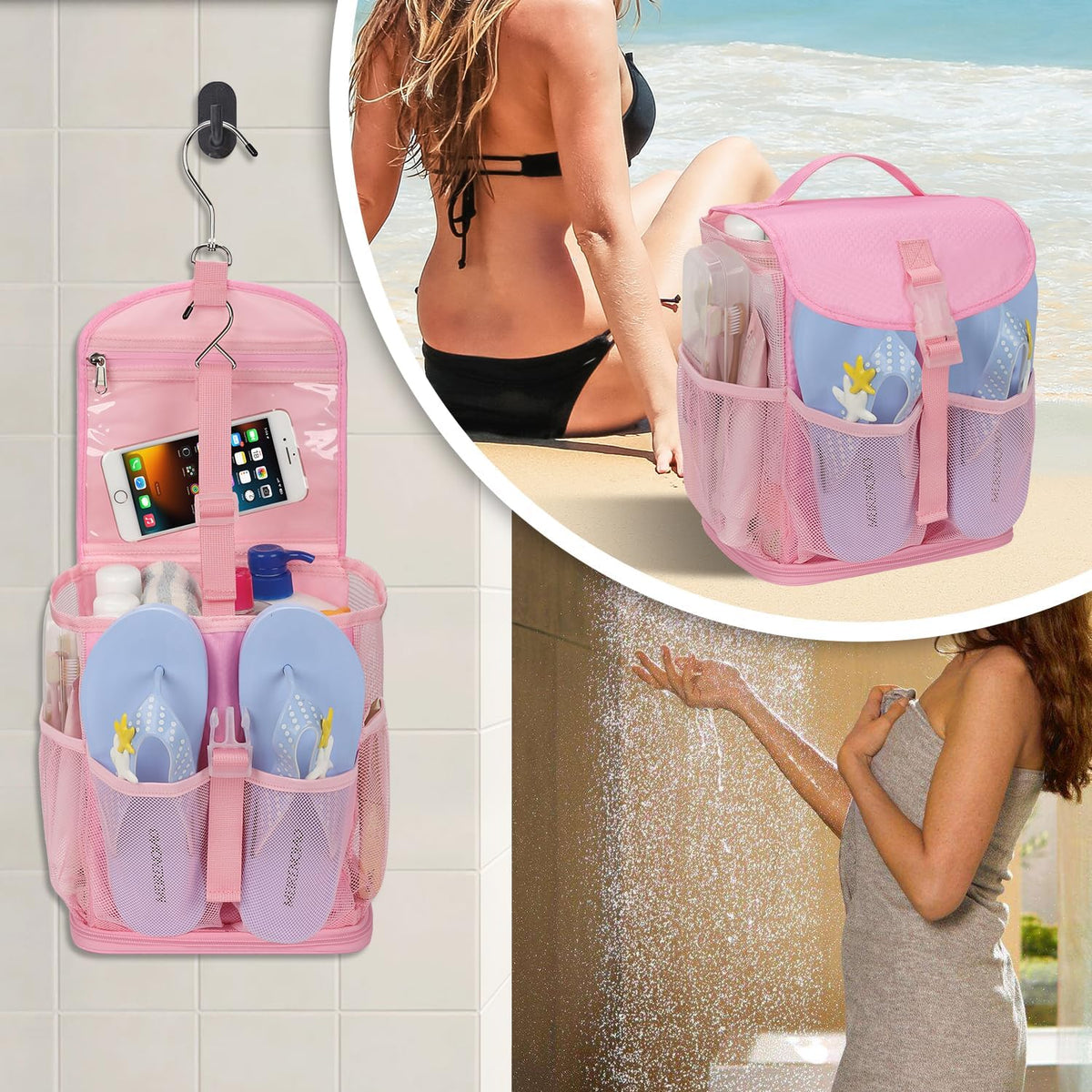Hanging Mesh Shower Caddy Portable for College Dorm Room Essentials Pink