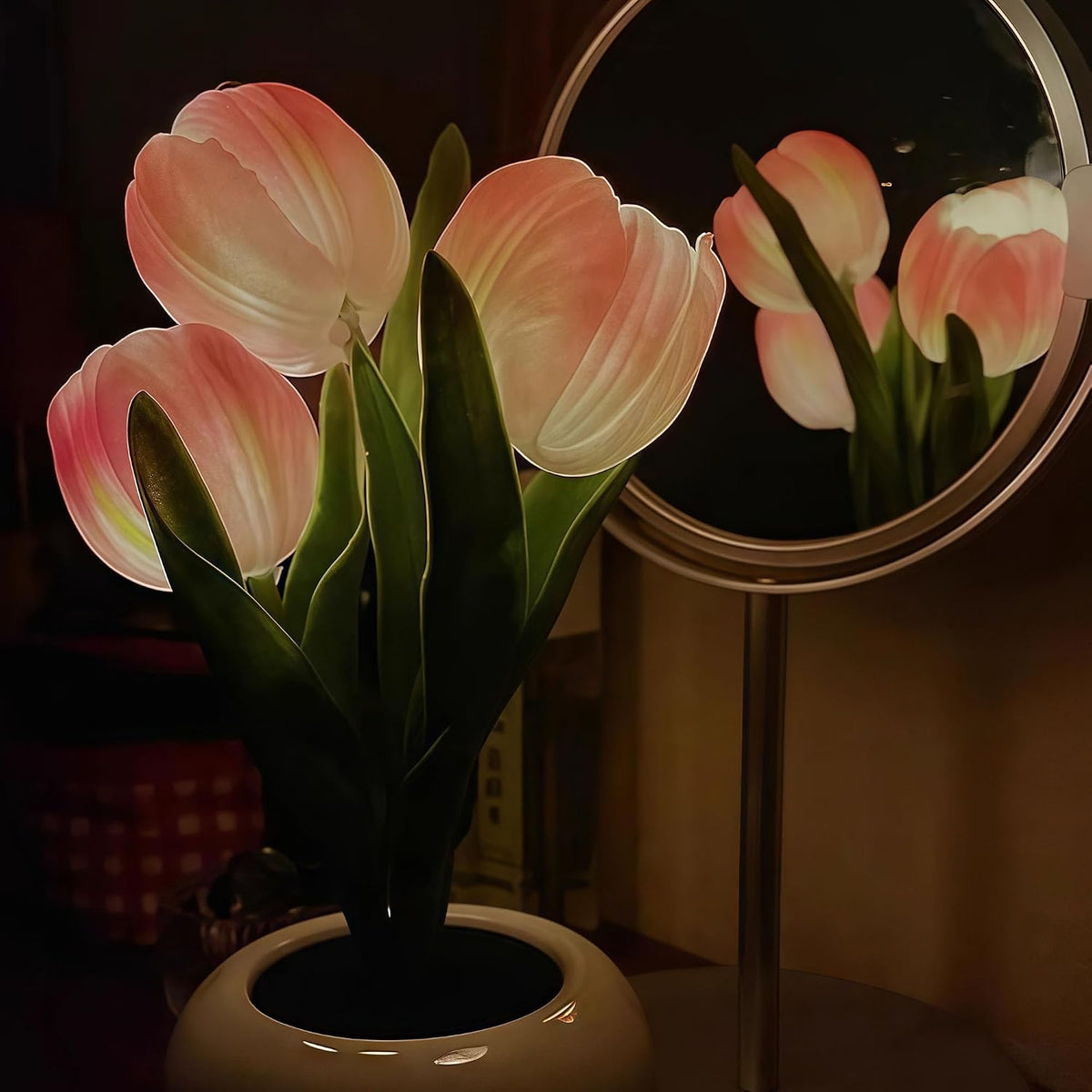 Tulip Flower Table Lamp Pink LED Desk Night Light with Vase