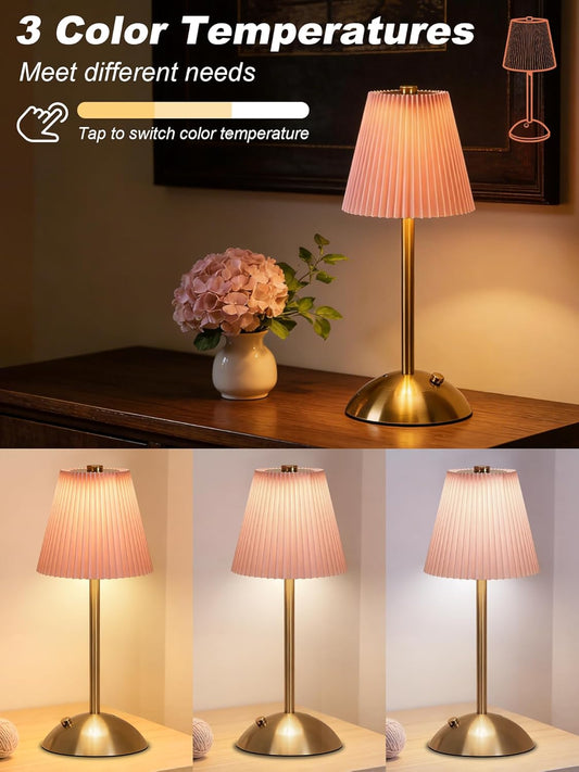 Cordless Pink Table Lamp,Cute Small Desk Lamp,Vintage Aesthetic Lamp | 3 Color Dimmable Night Light,Rechargrable LED Lamp with Fabric Lampshade,Touch Lamp for Home Office Dorm Decor