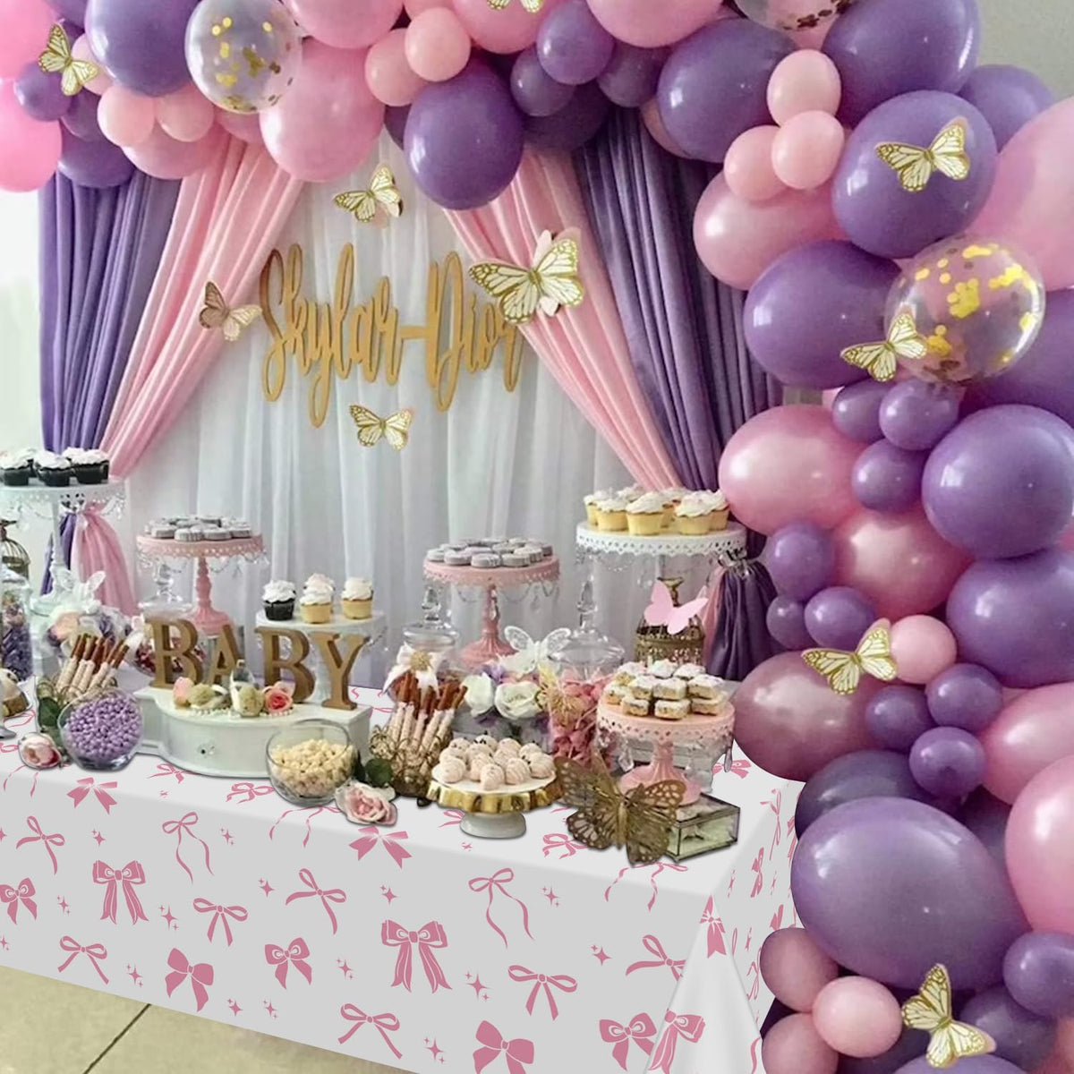 4 Pcs Pink Bow Table Cloths, 51 x 86 '' White and Pink Bow Birthday Decorations for Coquette Birthday Decorations Baby Shower Party Supplies