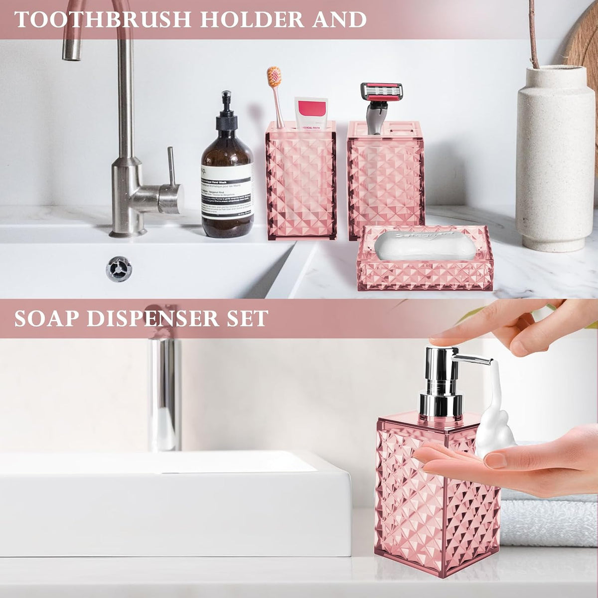 Bathroom Accessory Set, Grid Pattern 4 Pcs Plastic Bathroom Set, Pink