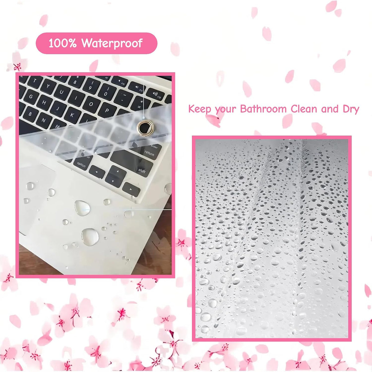 Clear Pink Floral Shower Curtain Liner, Cute Plastic Transparent Cherry Blossom Shower Curtain, Girly Flower Petals Spring Shower Curtains for Bathroom, 72x72 Shower Curtain Set with Magnets 12 Hooks