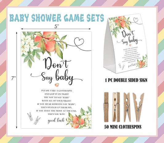 White Floral Peach Don't Say Baby Game for Baby Shower, Pack of One 5x7 Sign and 50 Mini Natural Clothespins, Sweet Peach Baby Shower Decoration, Gender Neutral Party Supplies - SC24