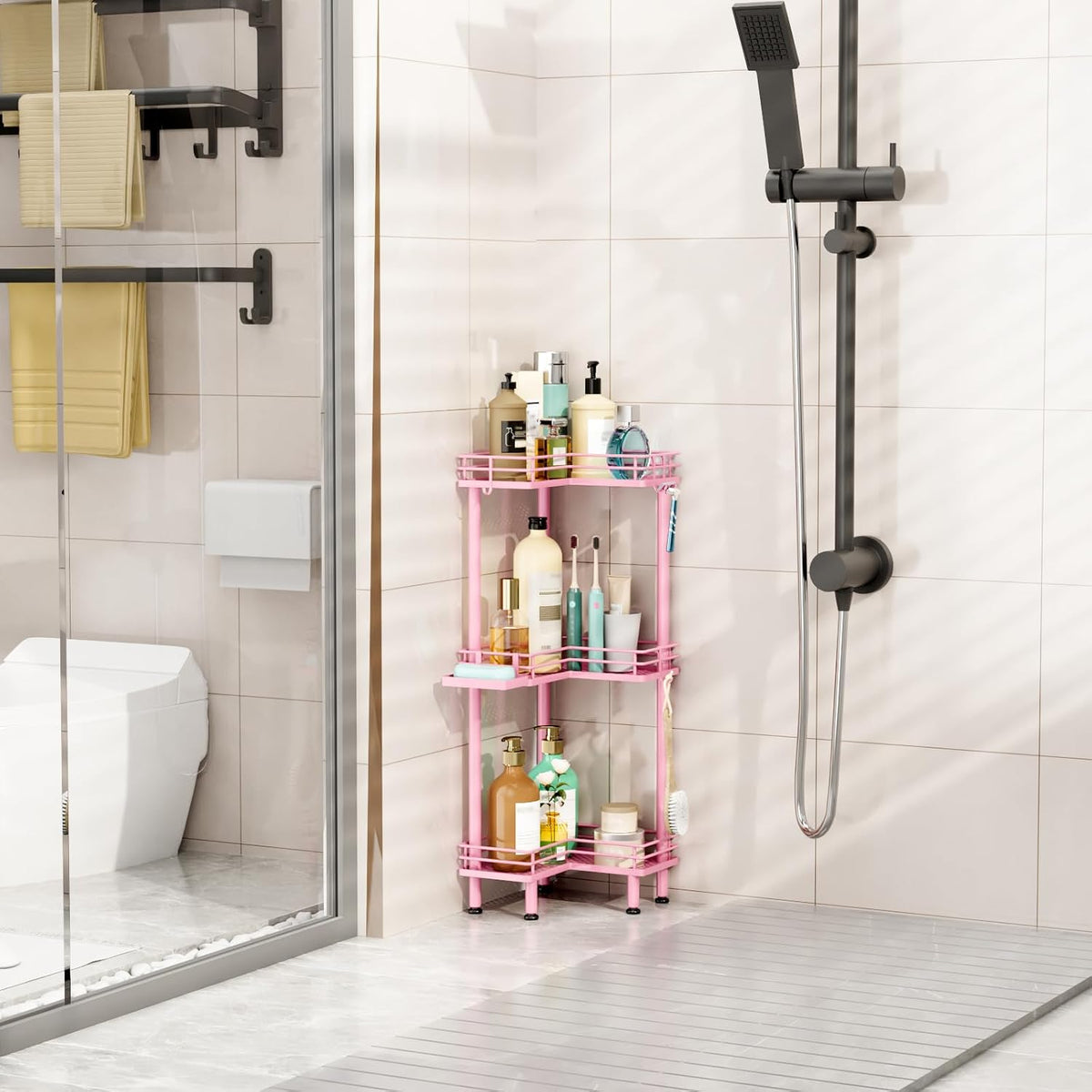 Corner Shower Caddy Standing - 3 Tier Shower Organizer Corner with Soap Holder, Rustproof Bathroom Standing Organizer with 4 Hooks, Pink