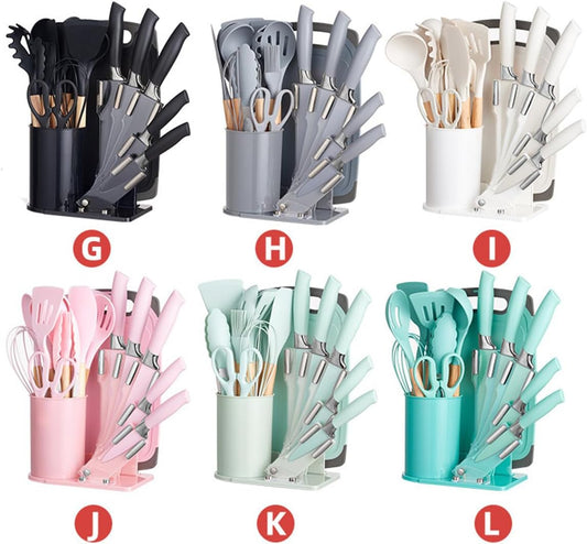 19 Pieces Kitchen Cooking Utensils and Knife Set with Holder Block, Include 11 Pcs Silicone Cooking Utensils 5 Pcs Sharp Stainless Steel Knives Scissors Whisk Tongs and Cutting Board (PINK)