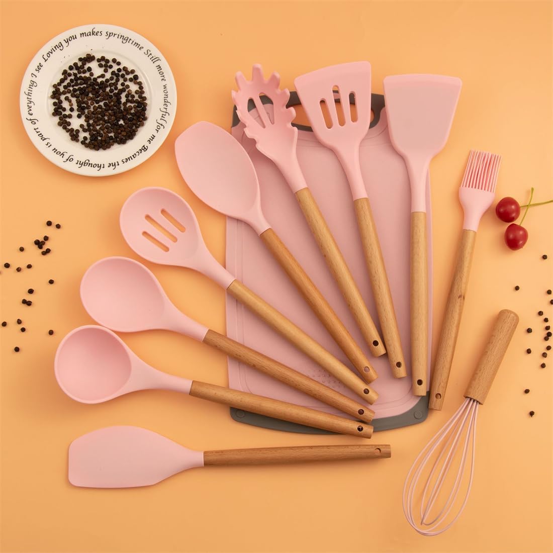 19 Pieces Kitchen Cooking Utensils and Knife Set with Holder Block, Include 11 Pcs Silicone Cooking Utensils 5 Pcs Sharp Stainless Steel Knives Scissors Whisk Tongs and Cutting Board (PINK)
