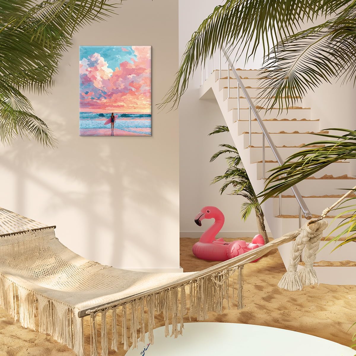 Coastal Pastel Surfer Wall Art Print Pink Ocean Themed Canvas Poster Picture Summer Wall Decor for Home Beach House Living Room 8x10 Inch Framed