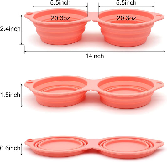 Collapsible Dog Bowls,Integrated Molding Dog Double Bowl No Plastic Rim 2 in 1 Foldable Pet Food & Water Bowl Cat Feeder Dish for Walking,Hiking,Camping (Coral Pink)