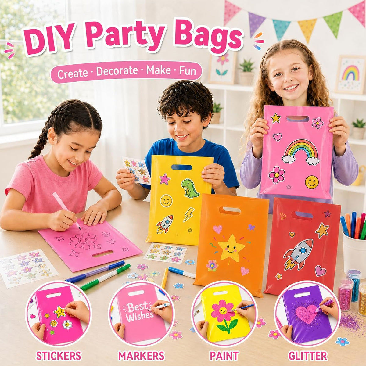 100 Pcs Pink Party Favor Gift Bags 8x11, Small Goodie Bag Bulk