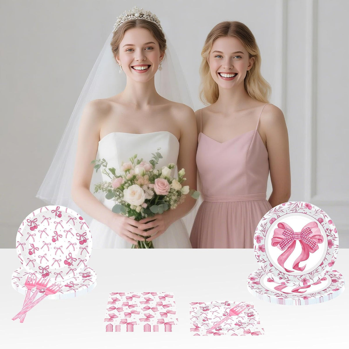 96 Pcs Shes Tying the Knot Bridal Shower Decorations, Pink Bow Tableware