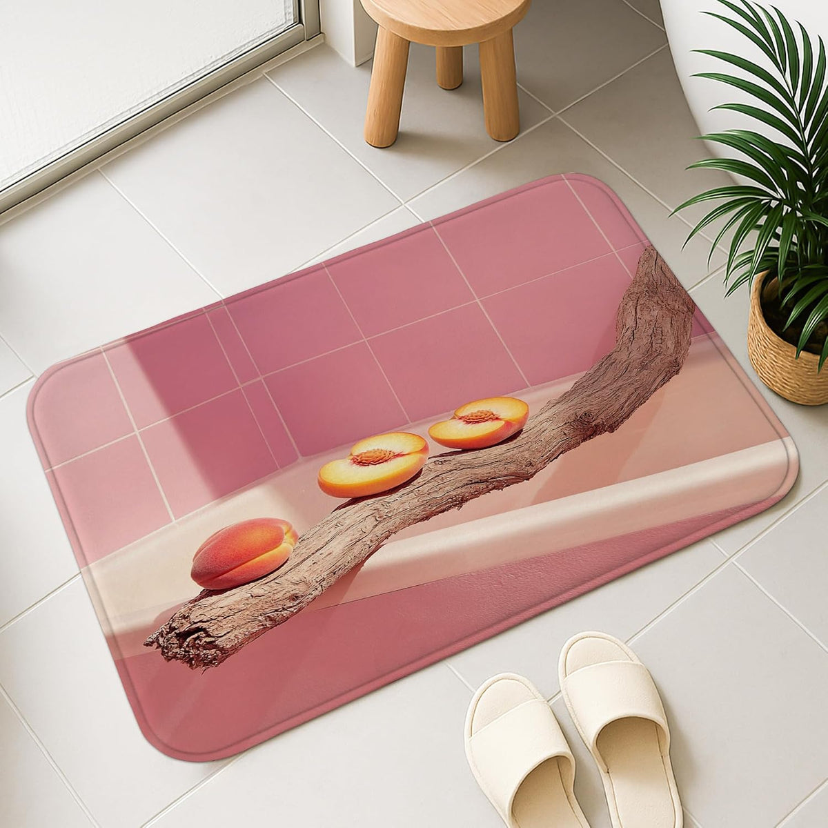 Peach Blossom Quick Dry Bath Mat, Modern Abstract Peach Leaves Absorbent Non Slip Shower Mat, Summer Memory Foam Washable Bath Rugs for Bathroom Toilet Restroom Decorative 20x32 Inch