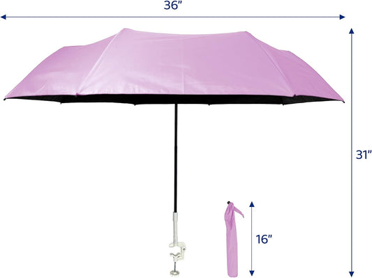 Clamp on Umbrella with universal clamp, folds to just 16", overhead-bin friendly, carry-on sized, meets standard carry-on regulations, easy to travel sun shade that can be used for beach, resort, cruise, sports parent viewing or camping. Frees hands for