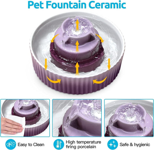 2.1L Ceramic Cat Water Fountain-for Cats and Dogs, 360 Ceramic Pet Fountain-70 Oz Large Water Capacity - Whisper-Quiet Water Flow-Great for Shy or Timid Pets - Fresh, Filtered Water(Purple)