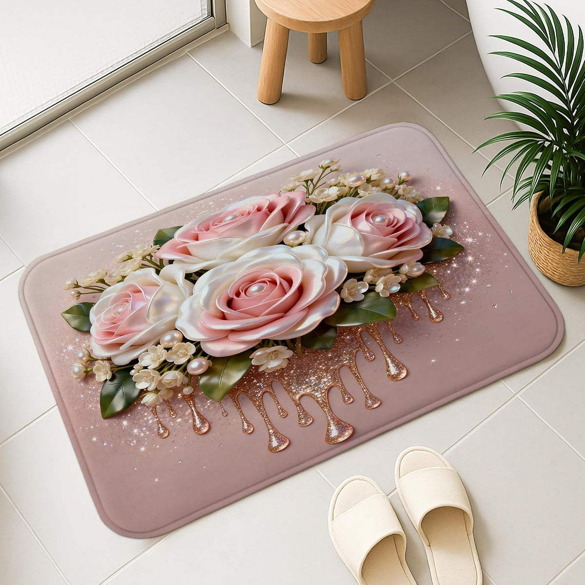 Rose Floral Quick Dry Bath Mat, Elegant Peach Flowers Decorative Non Slip Shower Mat, Spring Flowering Washable Bath Rugs for Bathroom Toilet Restroom 16x24 Inch