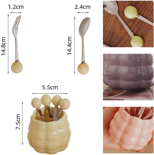 (6 Pieces) Ceramic Pearl Spoon Fork Jar Set Fruit Fork Dessert Cake Coffee Tea Spoon (Pink)