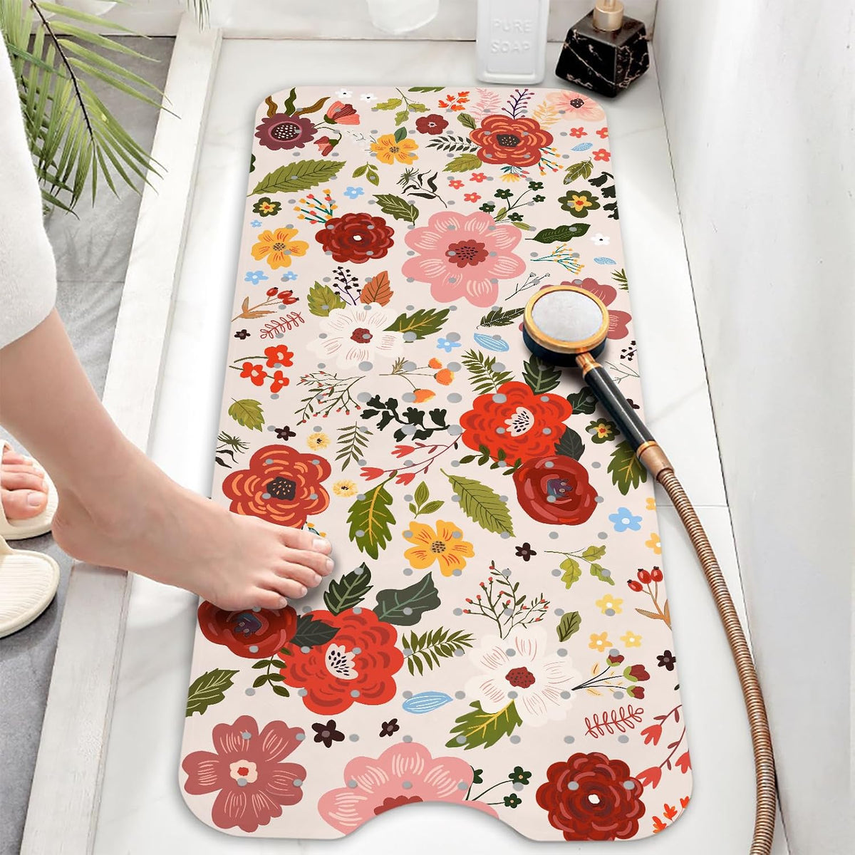 Non Slip, Bohemia Extra Long Shower Floor Mat with Suction Cups and Drain Holes for Adults Kids Elderly 40 X 16 Inch