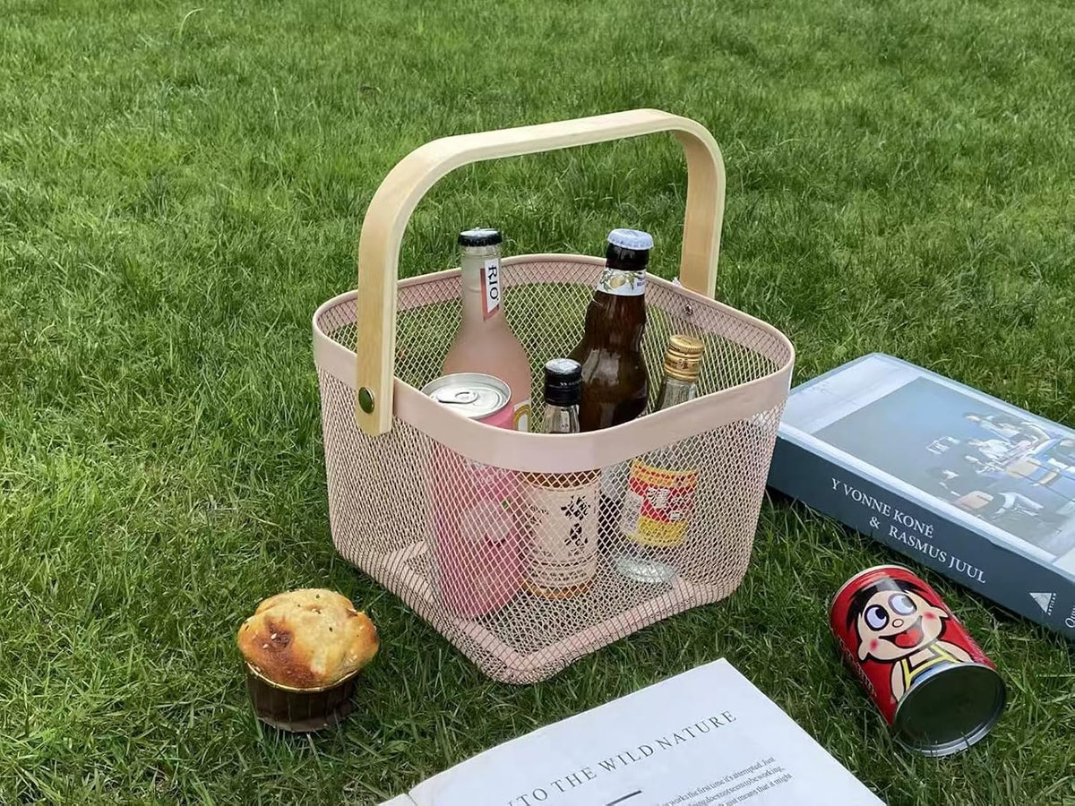 Metal Mesh Wire Basket, Small Steel Basket with Wooden Handle Storage Organizer Basket Multi-functional Hanging Kitchen Baskets Fruit Baskets for Kitchen Bathroom Cabinet Pantry Snacks, Pink