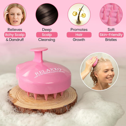 Scalp Massager Hair Growth – Exfoliator & Hair Scrubber for Scalp, Soft Bristles for Dandruff & Soothing Comfort, Shampoo Brush, Wet & Dry Use, Pink