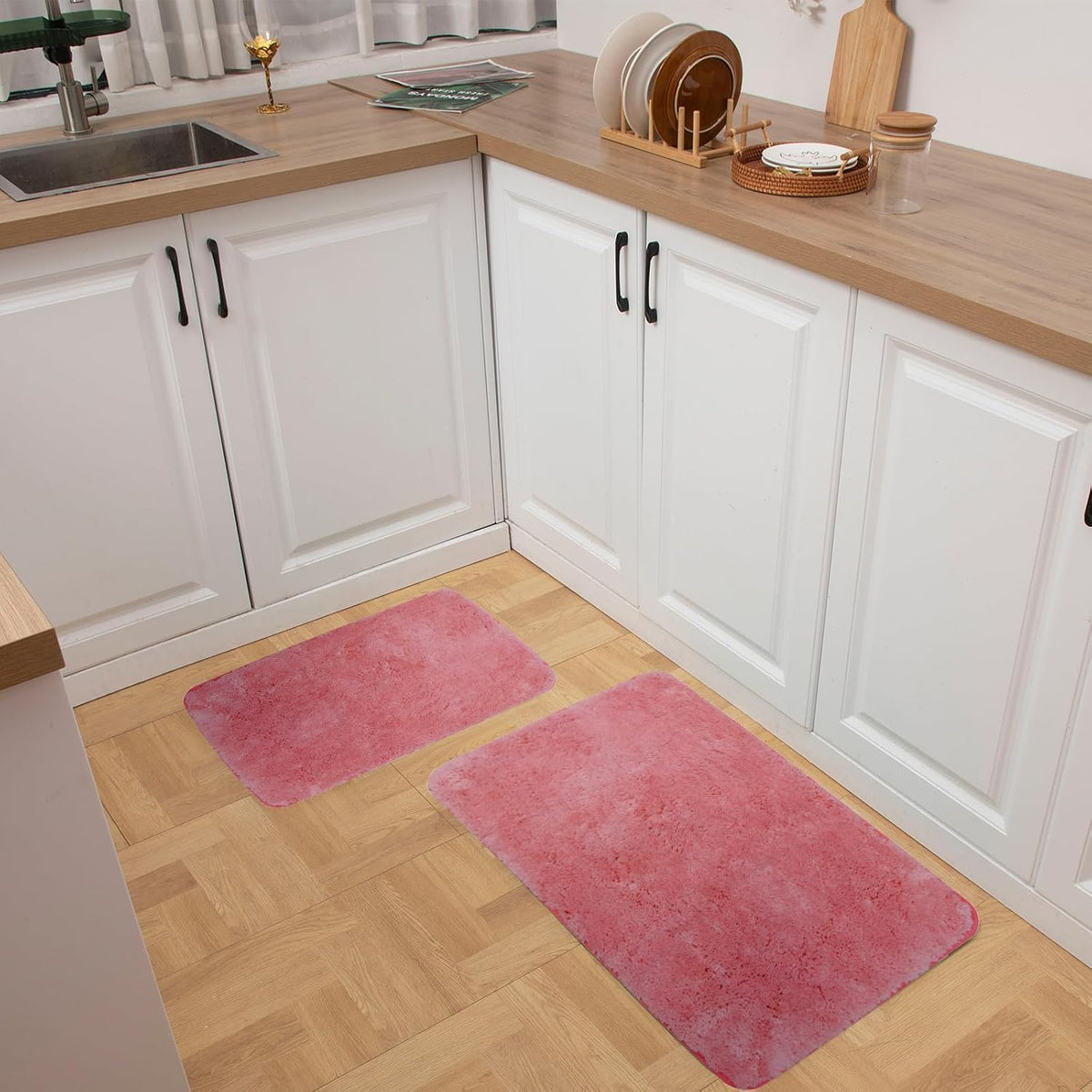 2 Piece Bathroom Rugs and Mats Sets, Non-Slip Microfiber Bath Rugs, Machine Washable Absorbent Bath Mats for Bathroom Floor (Pink, 16''x24'' Plus 20''x32'')
