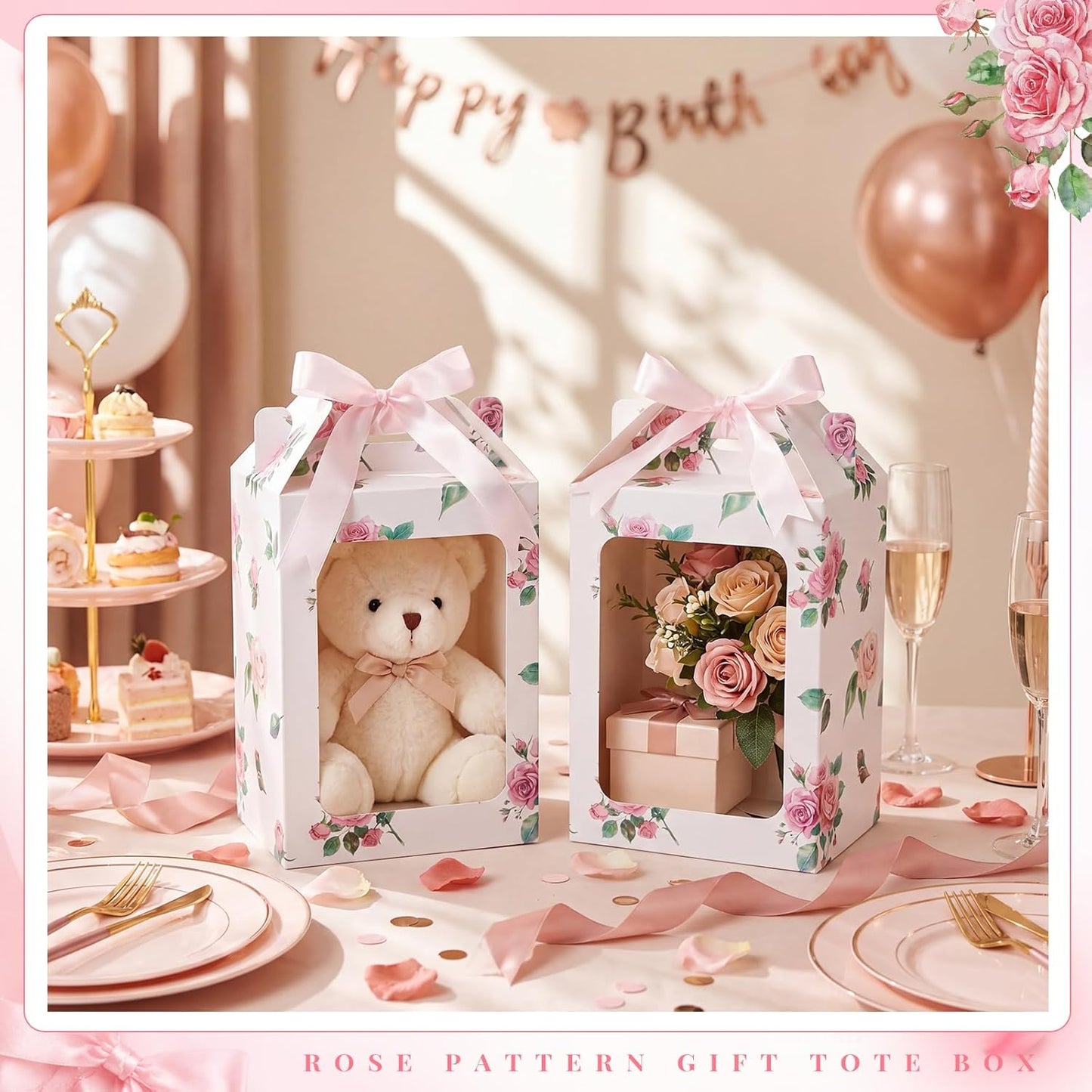 Eaasty 24 Pcs Pink Floral Gift Boxes with Clear Window 9.8 x 7 x 5.1 Inch Bridal Shower Party Favor Boxes with Handle Pink Satin Ribbon for Wedding, Baby Shower, Birthday Party Favors