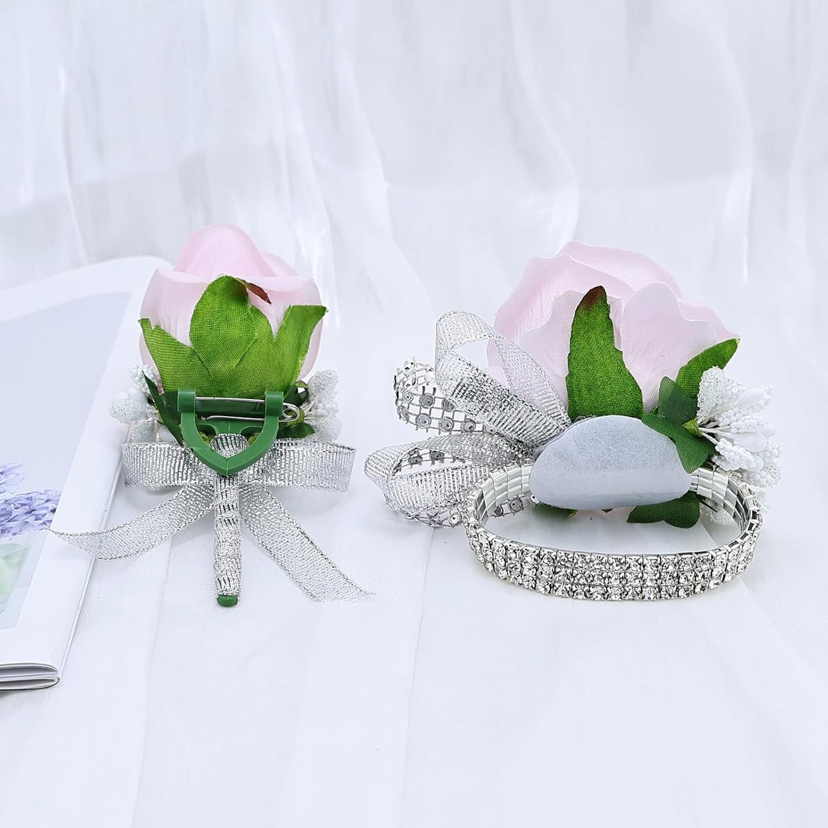 2Pcs Light Pink Rose Corsage and Boutonniere Set, Artificial Wrist Corsage Wristlet Bracelets, Men Boutonniere for Wedding Party Ceremony Homecoming Flowers Accessories Prom Decorations