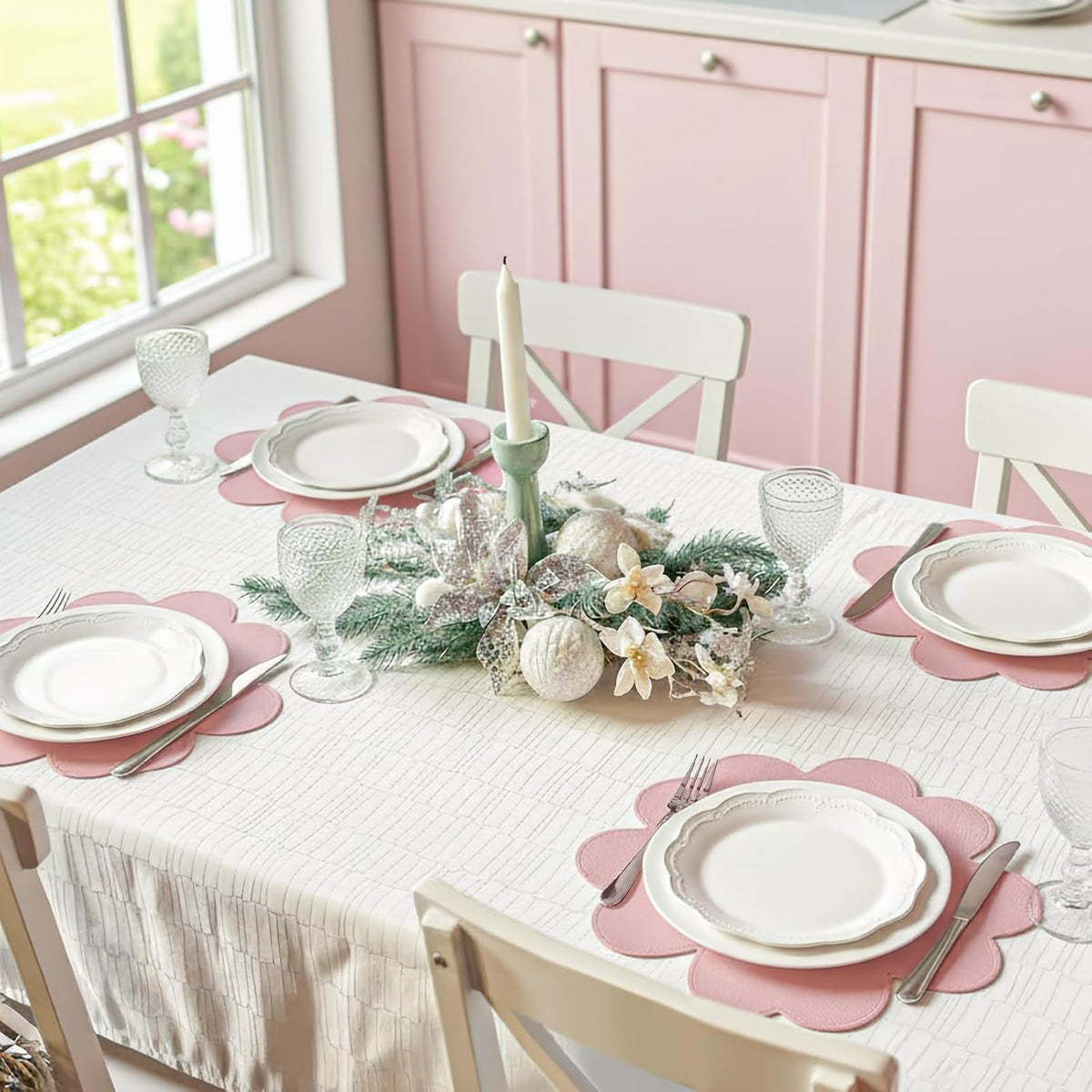 Pink Flower Shape PU Leather Placemats Set of 4, 15" Non-Slip Heat Resistant Table Mats for Kitchen Home Decor