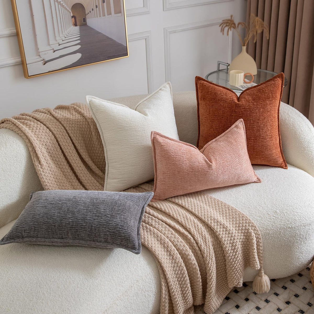 Pack of 2 Decorative Throw Pillow Covers Soft Chenille Throw Pillows Solid Textured Cushion Covers for Couch Sofa Bedroom Living Room 18x18 Inch, Peach