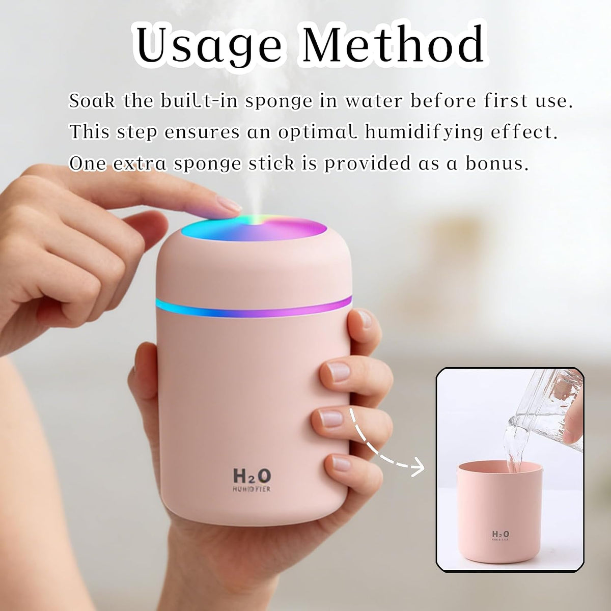 300ml USB Cool Mist Small Humidifier with Colorful Lights,Portable Mini Humidifier, Perfect for Bedroom, Office, Plants, travel & Car, Pink