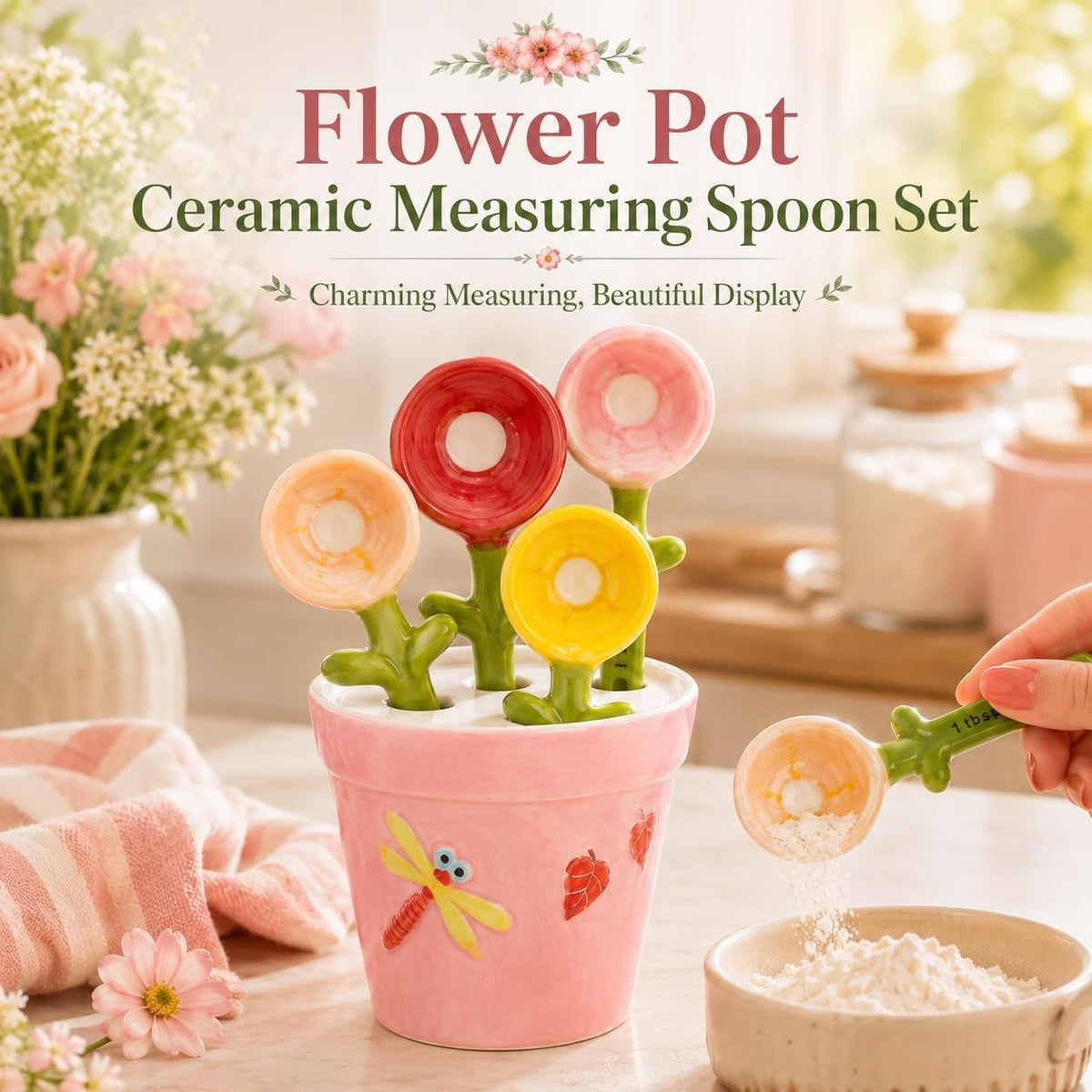 Flower Pot Ceramic Measuring Spoon Set, 5PCS Cute Spoons Cups with Base, Polygons Pink Decorative Teaspoon in Pot Holder, Unique Baking Supplies Gifts, Kitchen Cooking Stuff Gadgets Women(1*Pink)