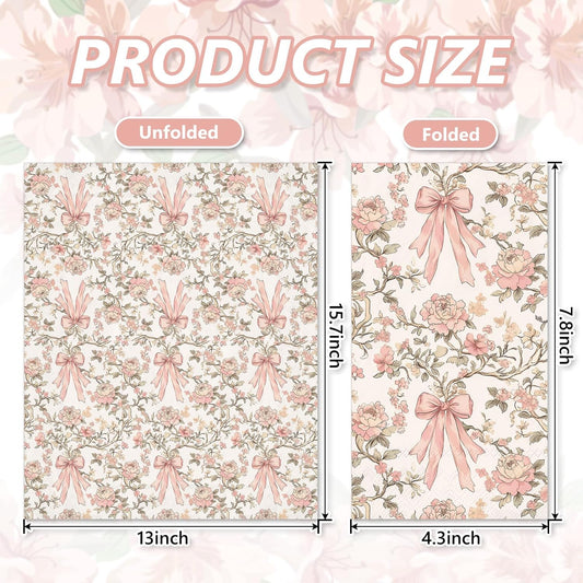 JarThenaAMCS 100Pcs Pink Bow Floral Guest Napkins Coquette Bows Flower Disposable Hand Towels Retro Paper Napkins for Birthday Wedding Tea Party Bathroom Kitchen