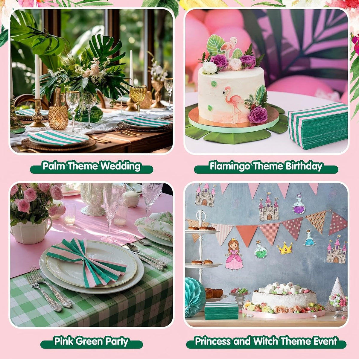 100 Pcs Palm Beach Napkins,Pink and Green,4.25 X 7.75 Inch