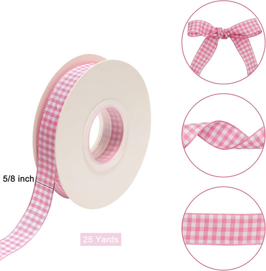 Pink Buffalo Gingham Ribbon - 5/8" x 25 Yards, for Crafts, Picnic Decoration, Christmas Gift Wrapping, Baby Shower, Hair Accessories