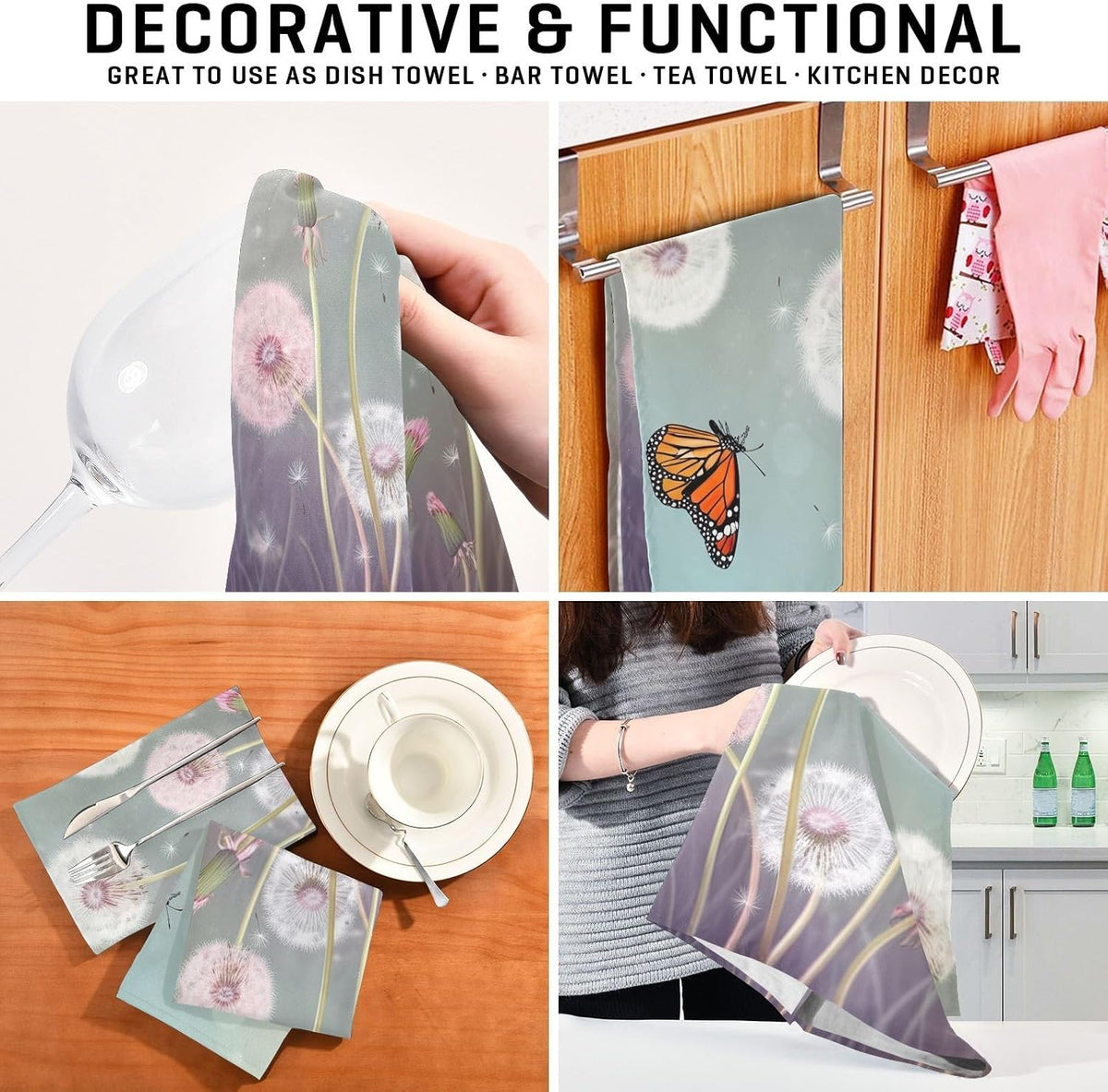 Pink Dish Towels for Kitchen Decorative Pastel Pink Flower Floral Tea Towel Cute for Drying Dishes Absorbent Soft 18 x 28 Inch, 6 Packs