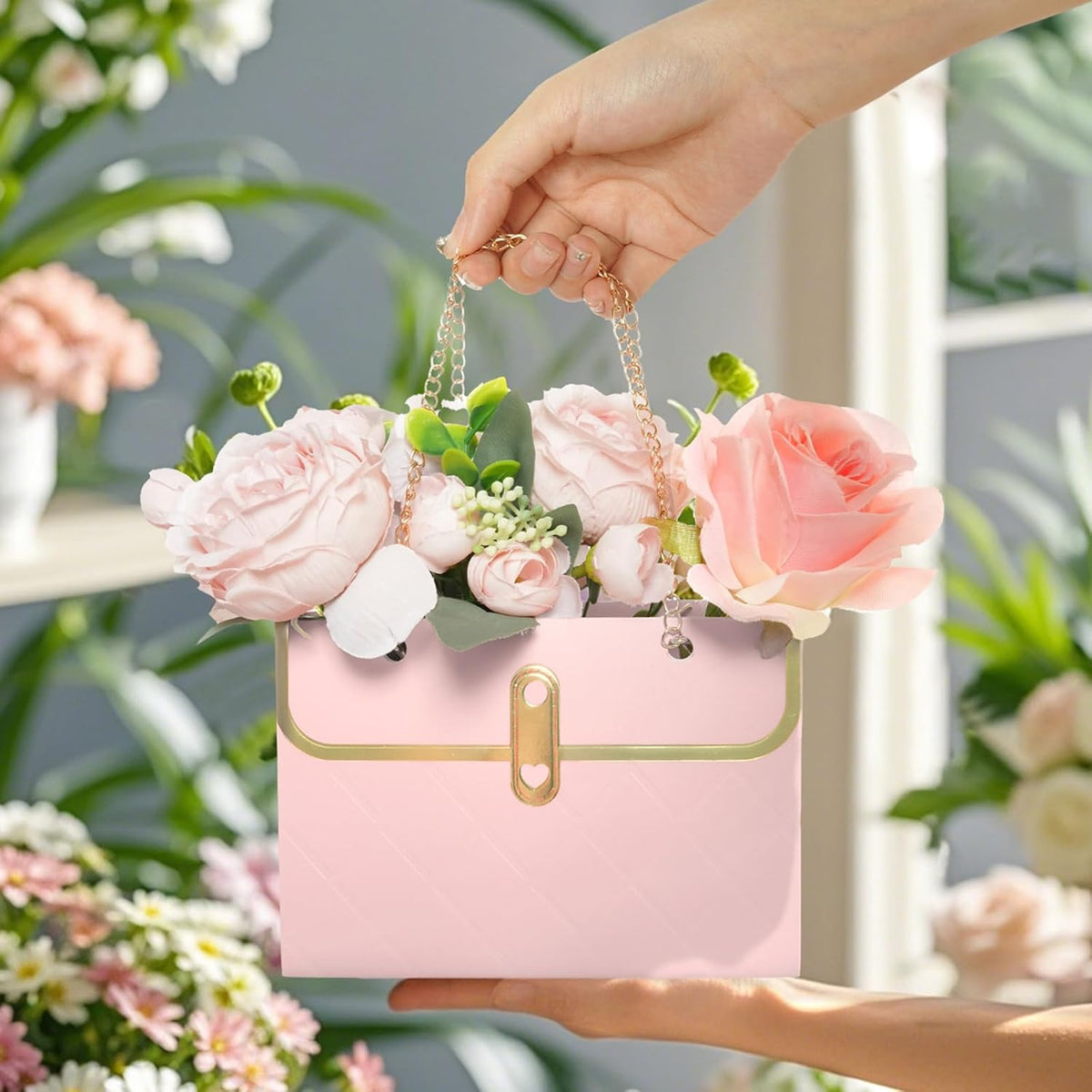 6pcs Flower Paper Gift Box Bouquet Storage Bucket Handbag with Metal Chain Flower Boxes for Arrangements Wedding Valentine's Mother's Day Birthday Bridal Showe